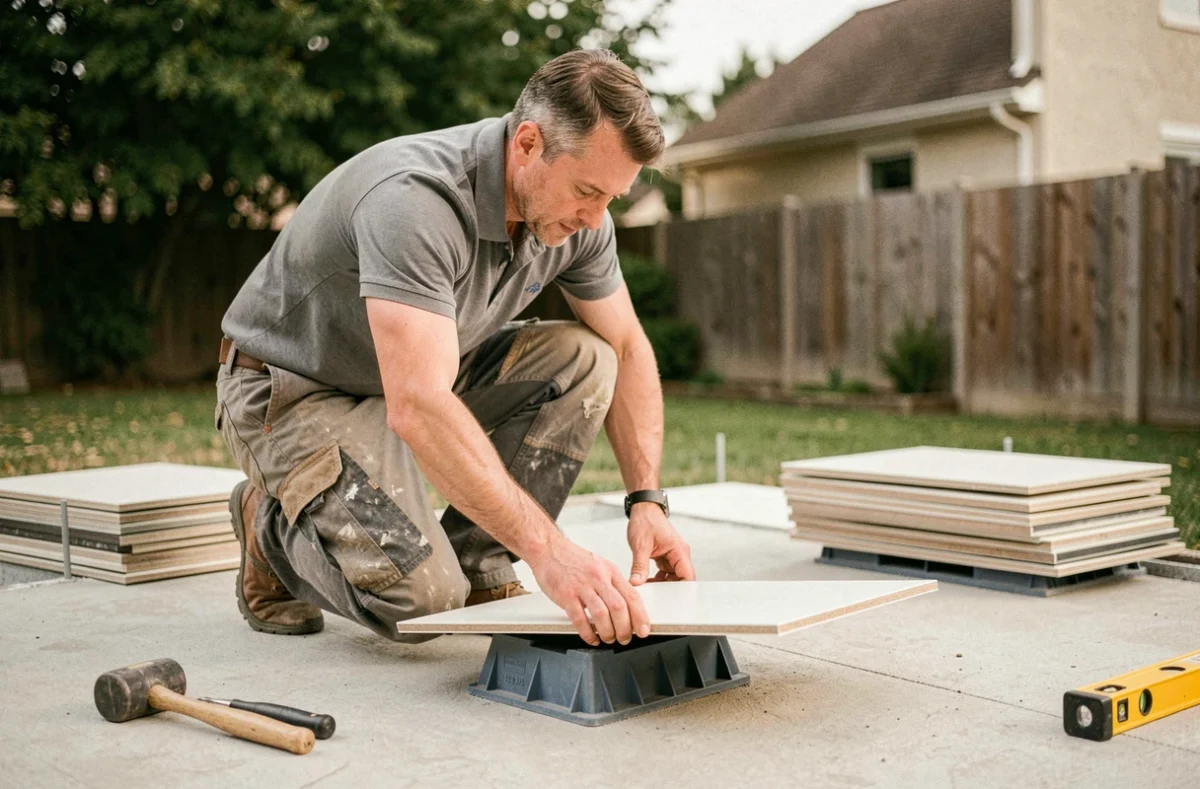 Installateur posant un carrelage sur plot réglable lors de la construction d'une terrasse résidentielle