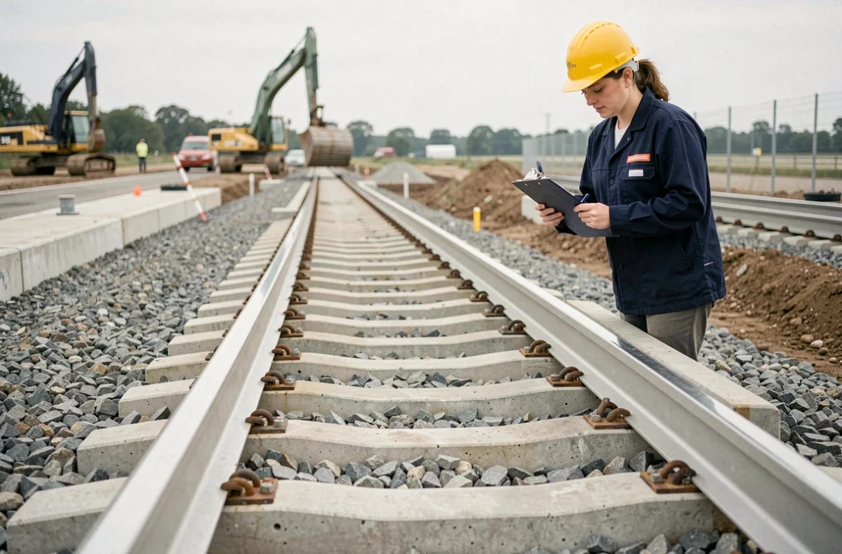 Ingénieure ferroviaire supervisant la pose de nouvelles traverses en béton sur un chantier de voie ferrée moderne