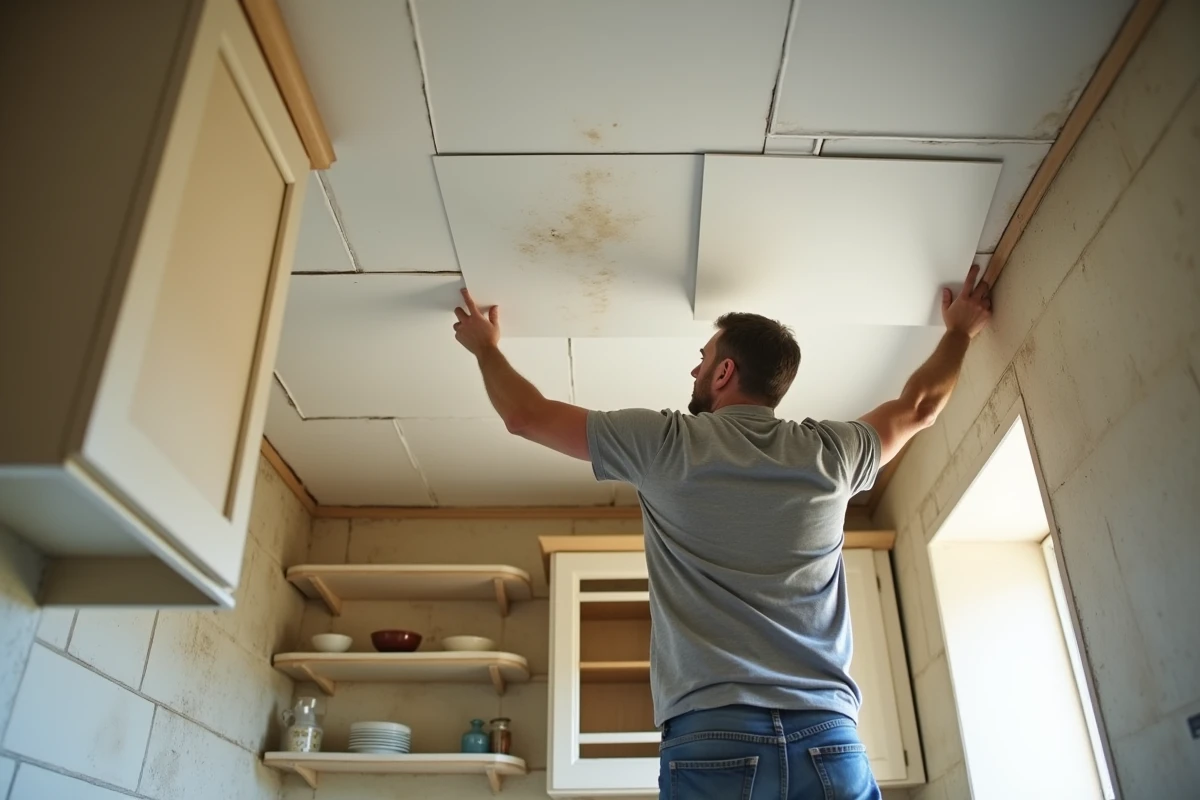 Homme posant des dalles adhésives blanches pour camoufler un vieux plafond taché dans une cuisine en rénovation