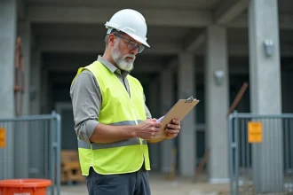 Chef de chantier en gilet jaune haute visibilité vérifiant les documents de sécurité à l'entrée d'un chantier de construction