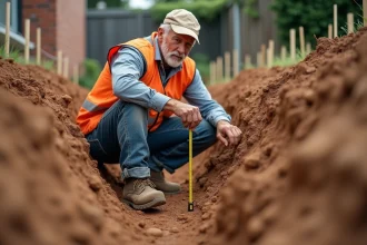 Ouvrier mesurant la profondeur d'une fouille de fondation pour véranda dans un jardin résidentiel