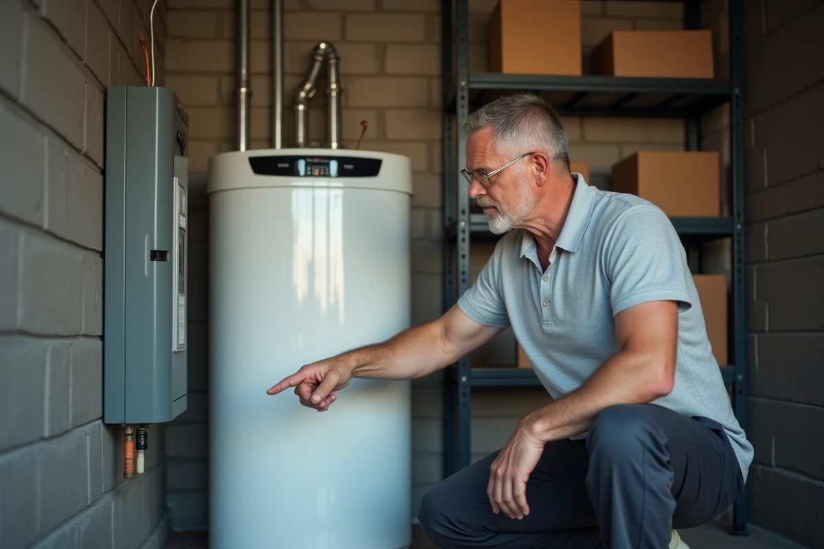 Homme paramétrant la programmation des heures creuses sur un chauffe-eau thermodynamique