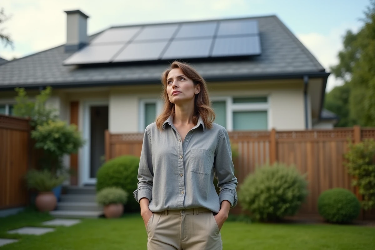 Femme propriétaire écoutant si ses panneaux solaires émettent du bruit depuis son jardin
