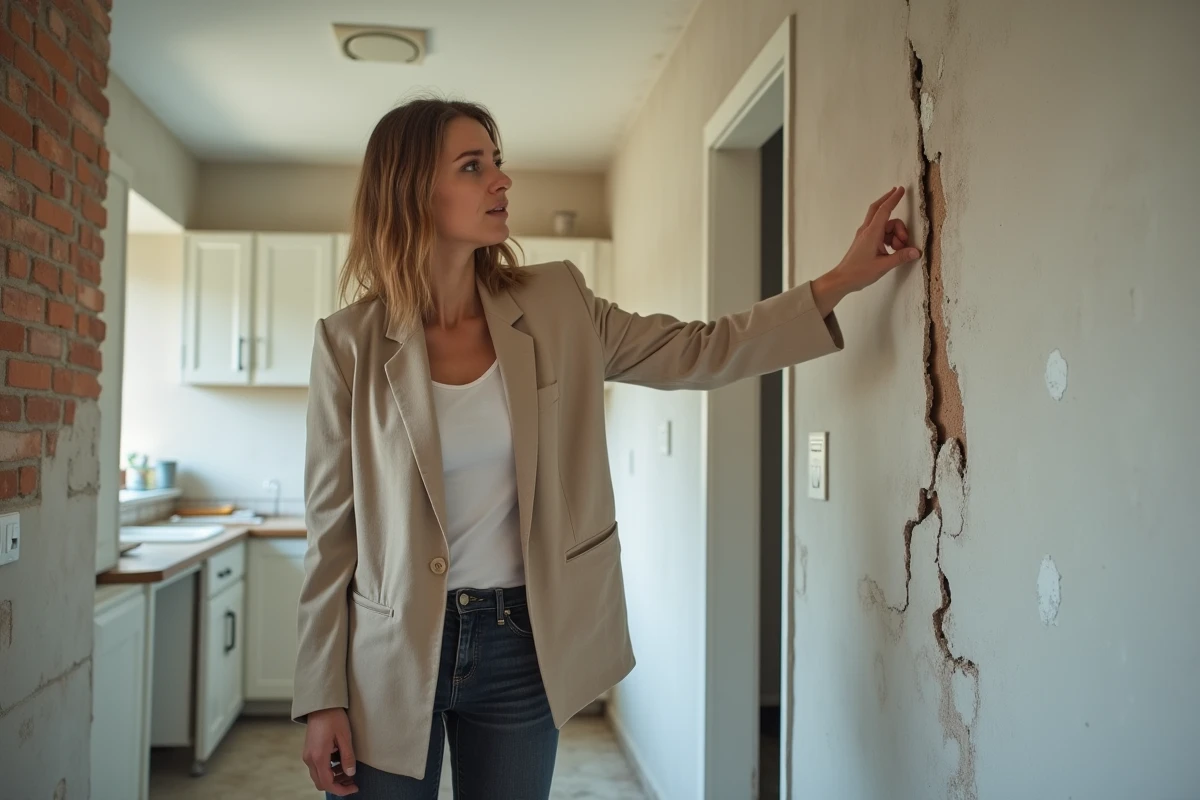 Femme propriétaire découvrant une fissure horizontale au plafond d'une cuisine après l'achat d'un bien immobilier