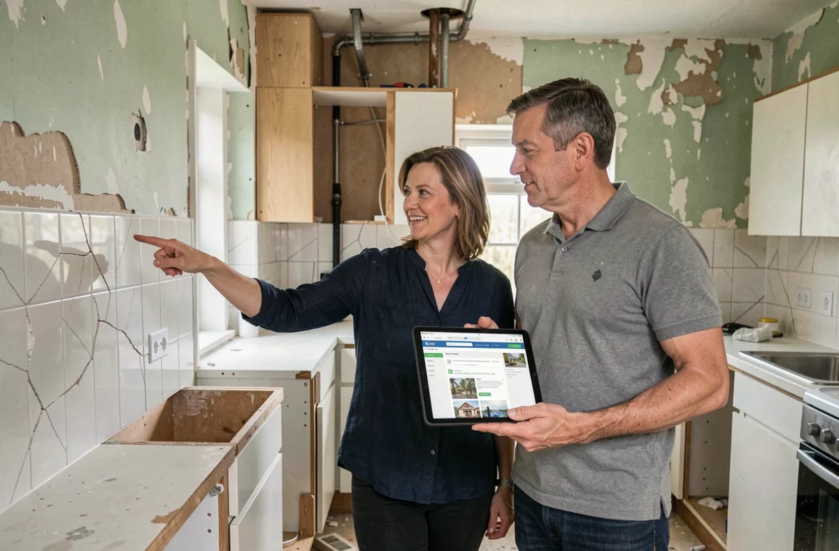 Couple de propriétaires consultant un site d'avis en ligne pendant une rénovation de cuisine