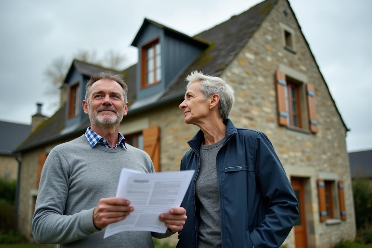 Couple de propriétaires examinant la pente de leur toit en ardoise devant une maison en pierre et tenant un document administratif