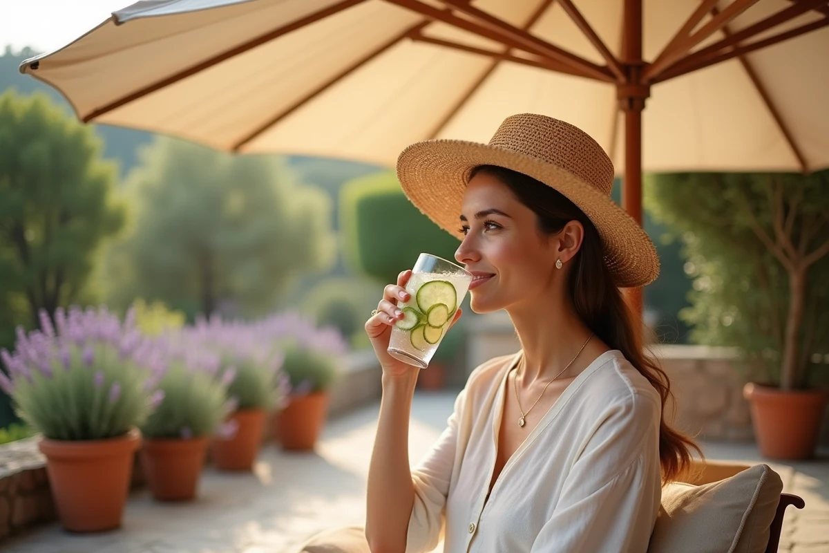 Femme protégée de la chaleur sur une terrasse méditerranéenne sous un grand parasol en lin crème avec chapeau de paille