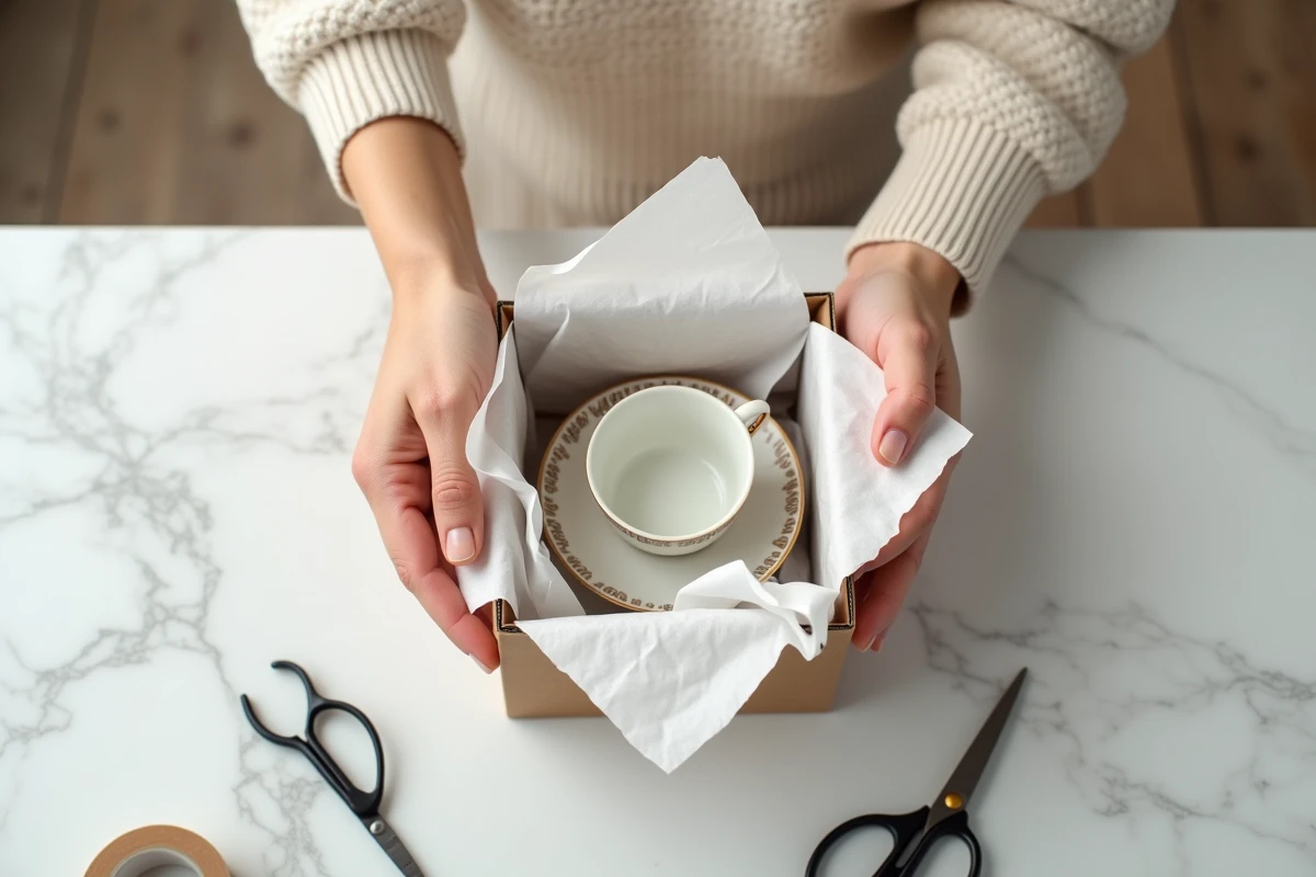 Gros plan des mains emballant une tasse en porcelaine avec du papier de soie et mousse dans une boîte
