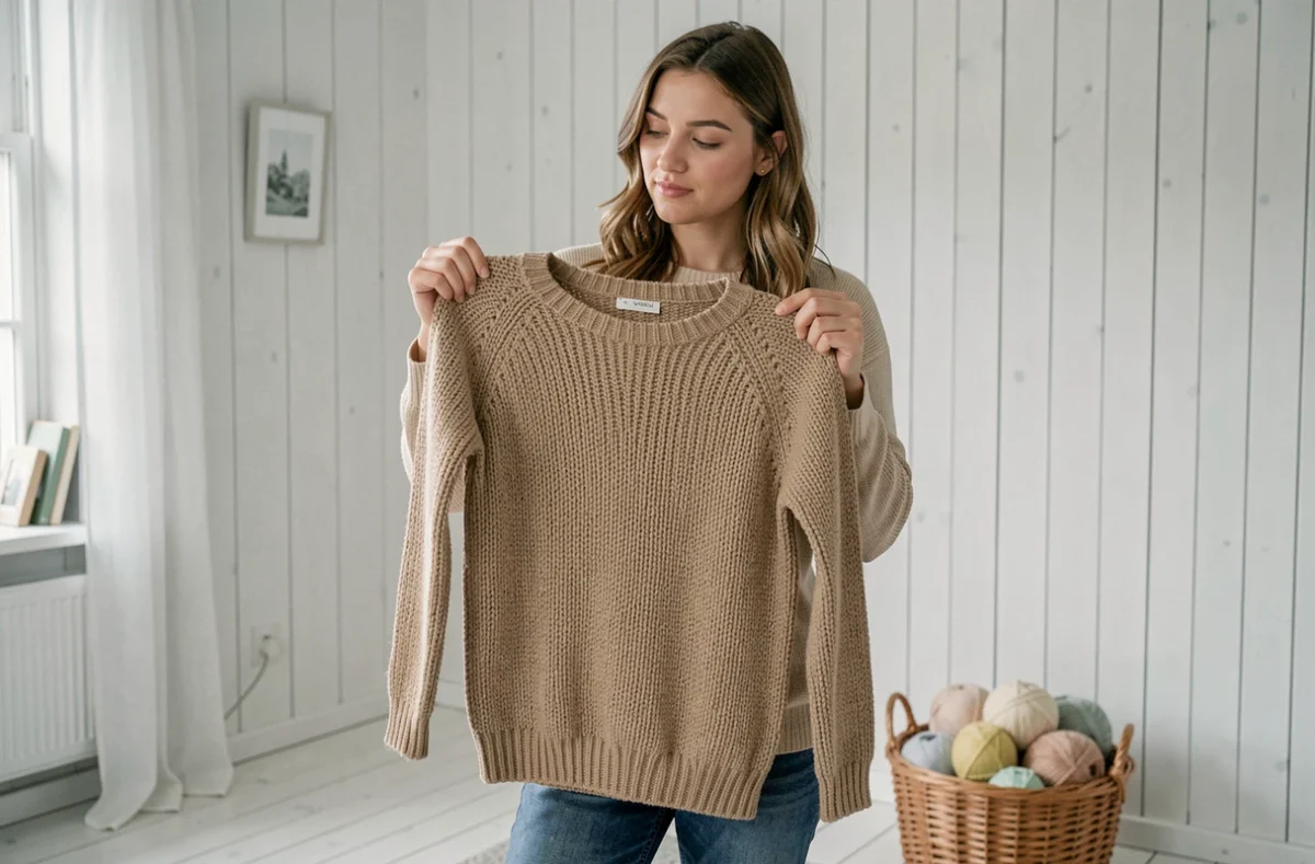 Jeune femme tenant un pull en cours de tricot en laine épaisse pour estimer le nombre de pelotes restantes