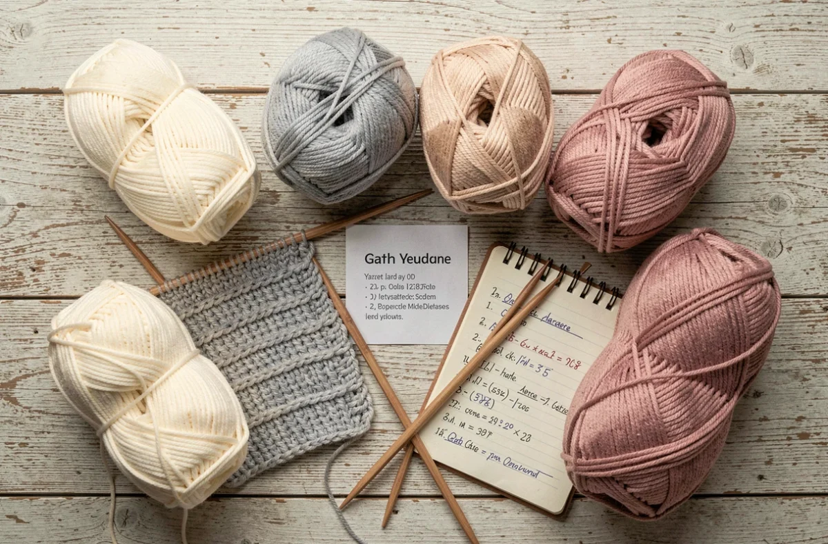 Pelotes de laine et matériel de tricot disposés à plat pour calculer la quantité nécessaire pour un pull taille 44