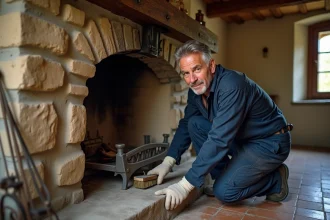 Ramoneur professionnel inspectant une cheminée en pierre dans une maison de campagne française