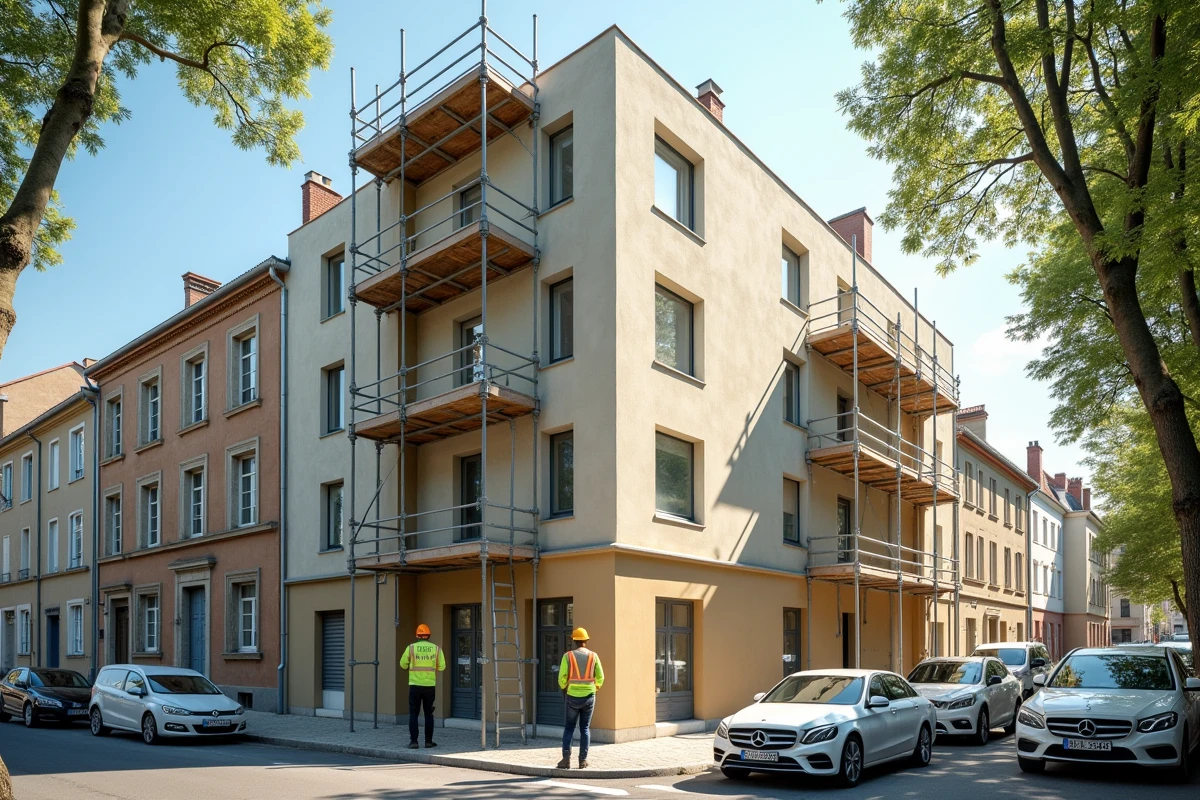 Immeuble en cours de ravalement de façade avec ouvriers sur échafaudage dans une rue française