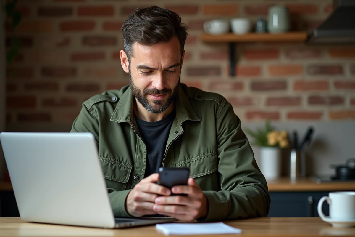 Homme cherchant des meubles gratuits sur une application de petites annonces depuis sa cuisine