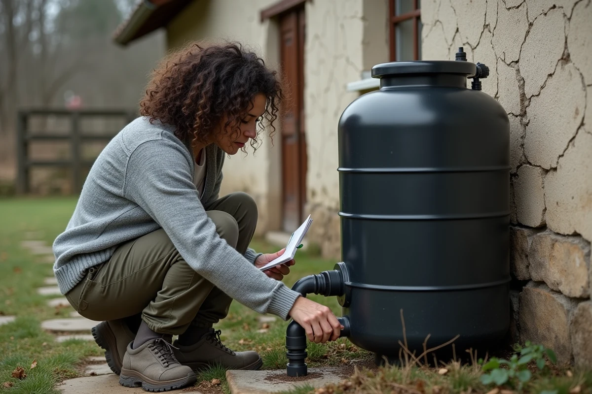 Femme inspectant un système de récupération d'eau de pluie installé contre le mur d'une vieille maison rurale