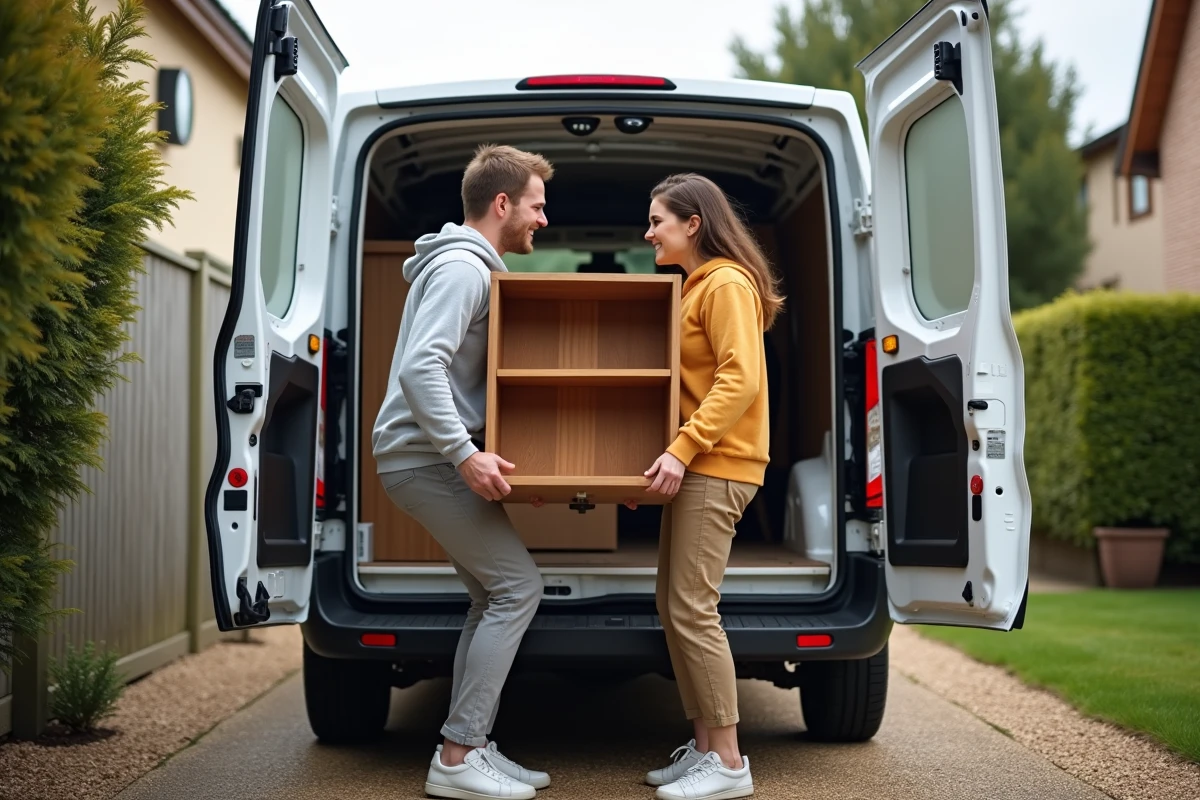 Couple chargeant une bibliothèque en bois récupérée gratuitement dans un van lors d'un don entre particuliers