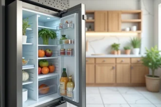 Réfrigérateur moderne en acier inoxydable affichant un label 4 étoiles dans une cuisine contemporaine