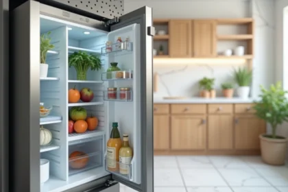 Réfrigérateur moderne en acier inoxydable affichant un label 4 étoiles dans une cuisine contemporaine