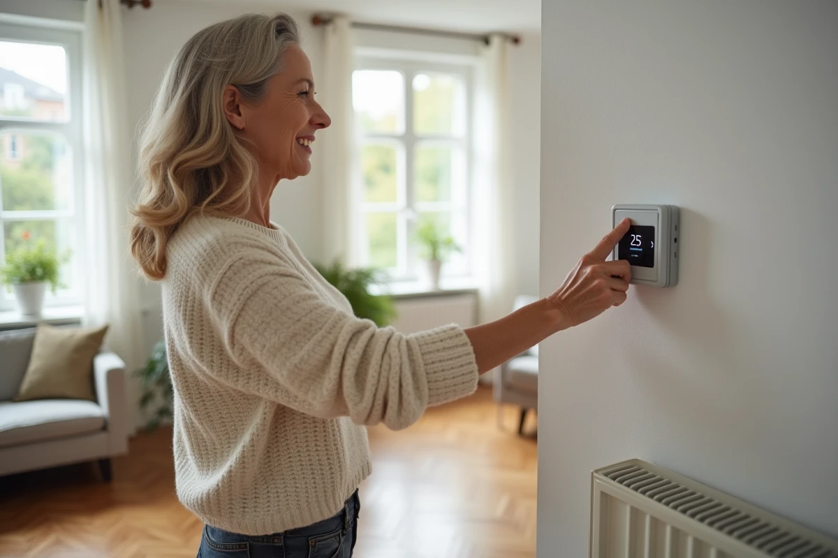 Femme réglant le thermostat d'un radiateur électrique à inertie dans un salon moderne pour optimiser sa consommation d'énergie