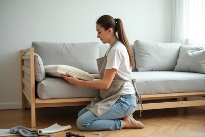 Femme en train de rembourrer l'assise d'un canapé avec de la mousse haute densité dans un salon moderne