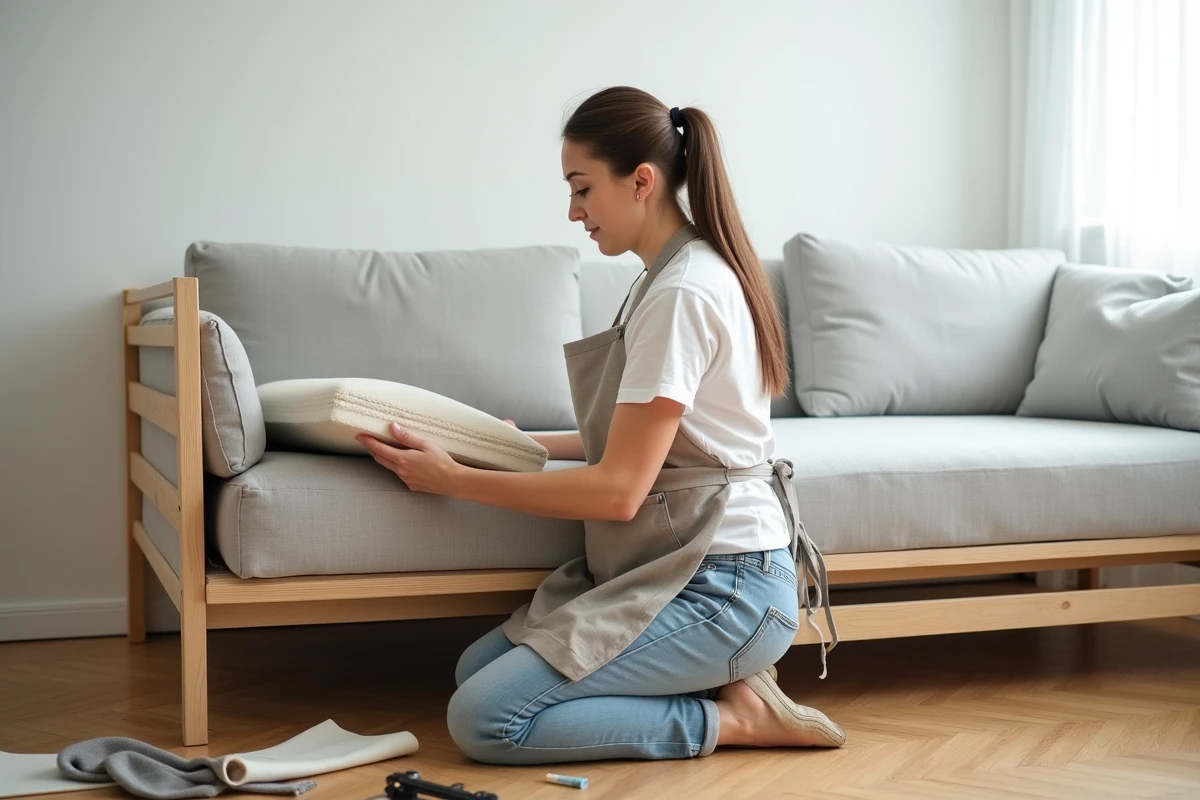 Femme en train de rembourrer l'assise d'un canapé avec de la mousse haute densité dans un salon moderne