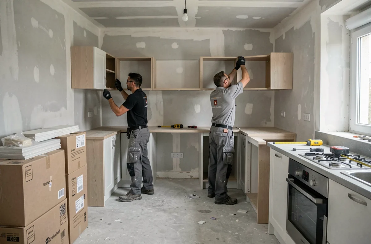 Équipe RENO D8D en train d'installer des meubles de cuisine dans un appartement en rénovation dans le Val-de-Marne