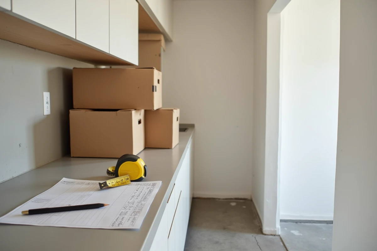 Cuisine en couloir en cours de rénovation économique avec meubles en kit et plan de travail stratifié