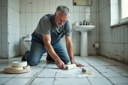 Homme rénovant un vieux carrelage de salle de bain en appliquant une peinture rénovatrice avec un rouleau mousse