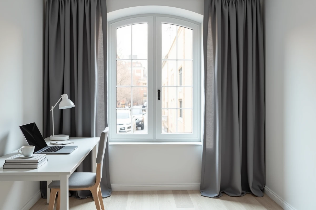 Bureau à domicile minimaliste avec murs blancs et rideaux en lin gris anthracite encadrant une grande fenêtre donnant sur la rue
