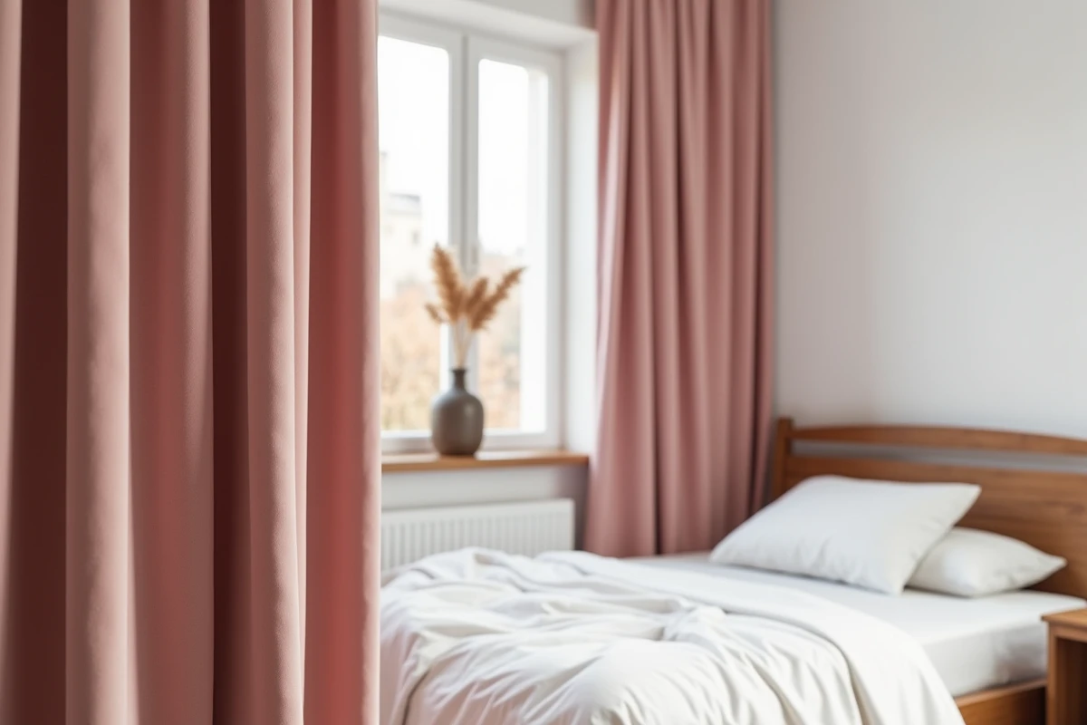 Chambre à coucher aux murs blancs avec des rideaux en velours rose poudré sur une tringle en laiton, literie blanche et chevet en noyer