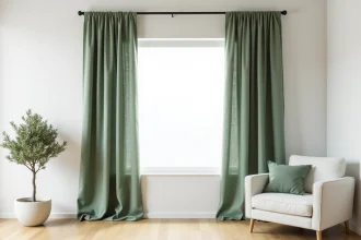 Salon moderne aux murs blancs avec des rideaux en lin vert sauge suspendus à une tringle noire mate, parquet chêne clair et canapé minimaliste