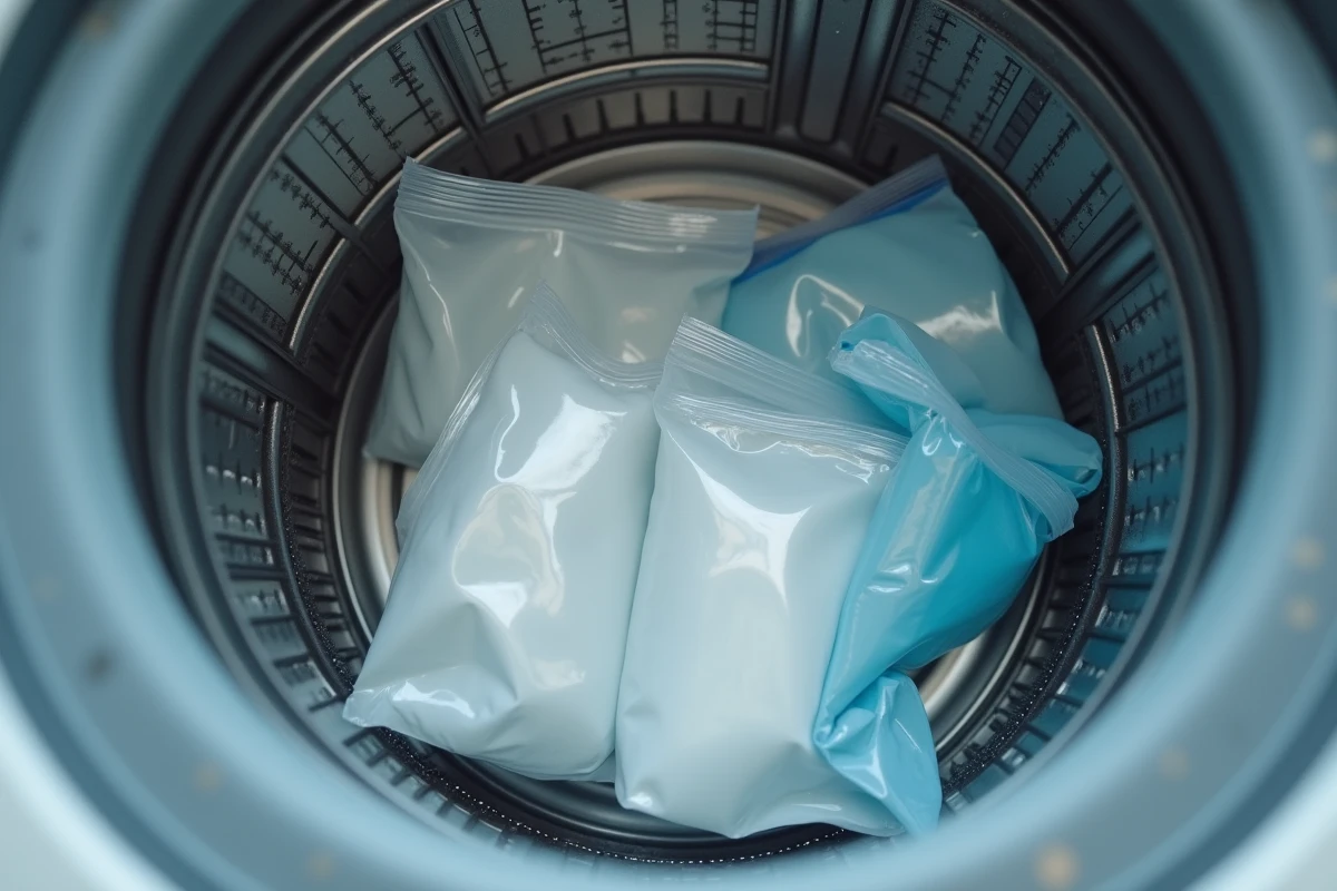 Sacs en plastique alimentaires à l'intérieur du tambour d'une machine à laver vue de dessus