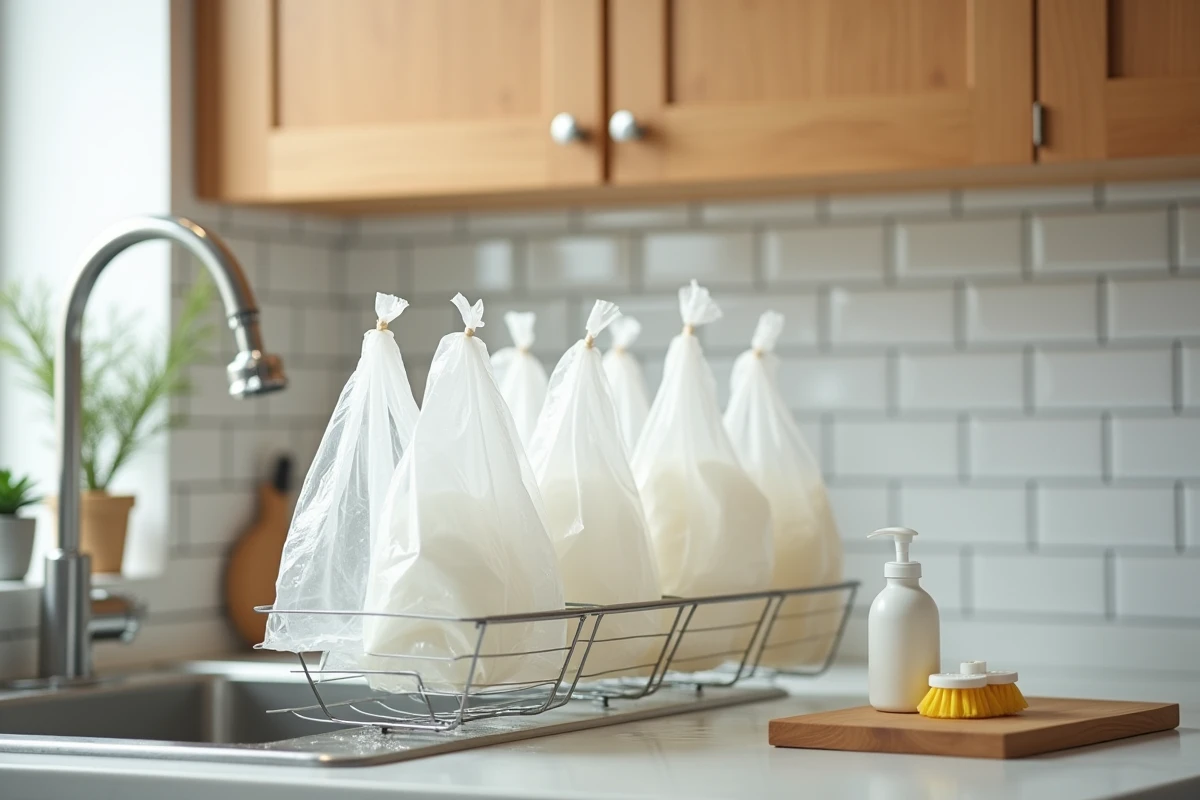 Sacs en plastique lavés suspendus à sécher sur un égouttoir près d'un évier de cuisine