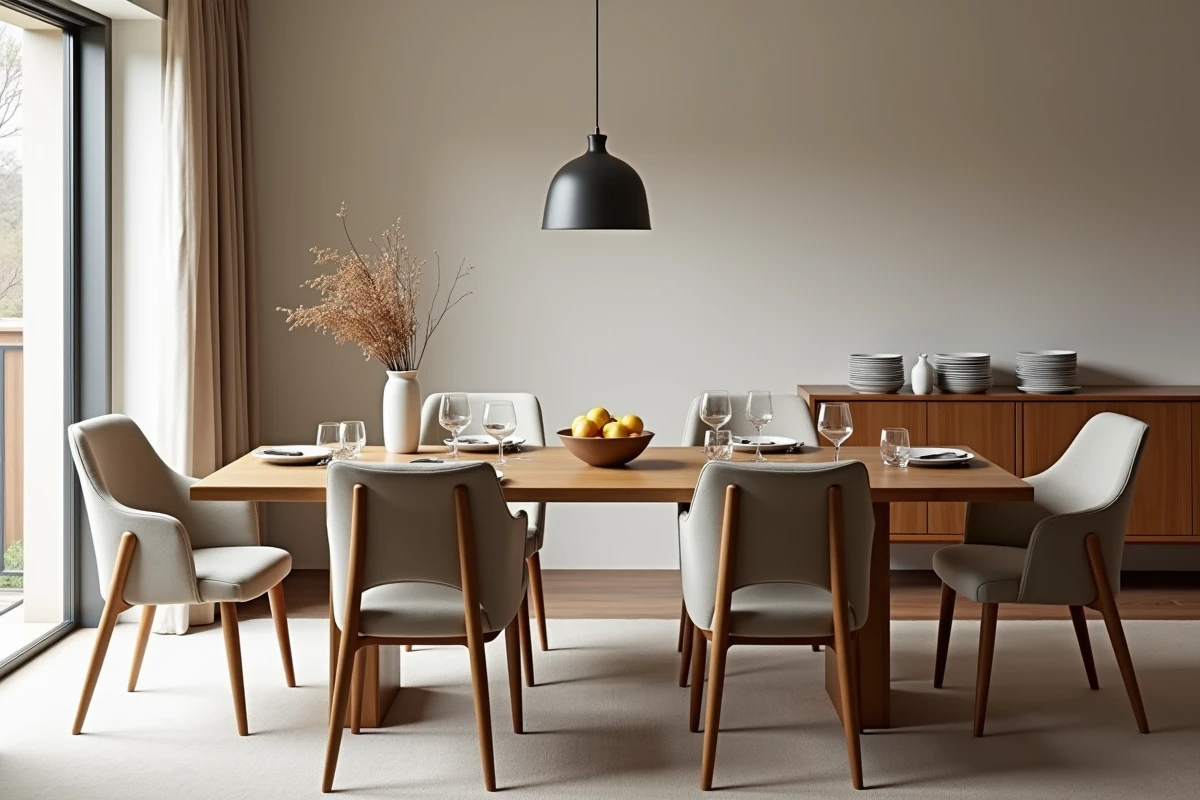 Salle à manger moderne avec grande table en chêne et chaises tapissées en lin, ambiance chaleureuse et épurée