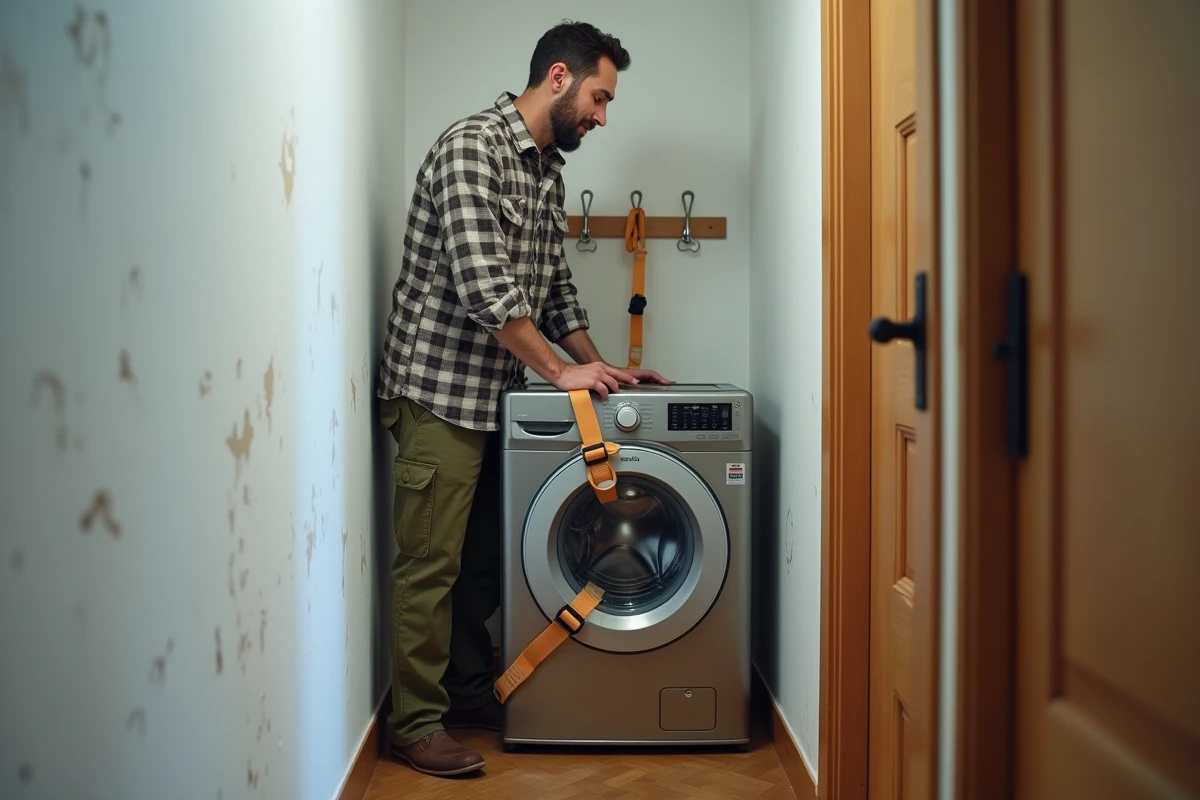 Homme utilisant des sangles de déménagement pour soulever une machine à laver seul dans un couloir d'appartement