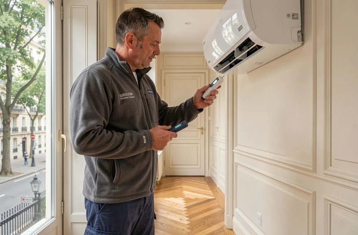 Technicien Sarl Berthelin effectuant la mise en service d'un climatiseur réversible dans un élégant appartement parisien du 7e arrondissement