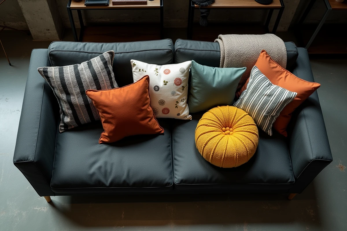 Cinq coussins aux textures et motifs variés disposés à plat sur un canapé anthracite dans un loft industriel avant leur arrangement final