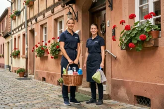Équipe de ménage professionnelle devant une maison alsacienne typique dans le Haut-Rhin