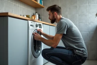 Homme soulevant une machine à laver en adoptant une posture ergonomique correcte, genoux fléchis et dos droit
