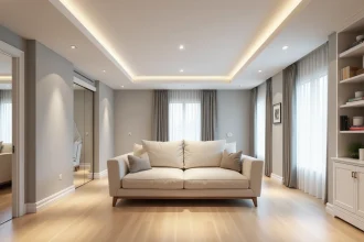 Sous-sol aménagé avec plafond blanc, miroirs muraux et plancher en chêne clair pour maximiser la luminosité