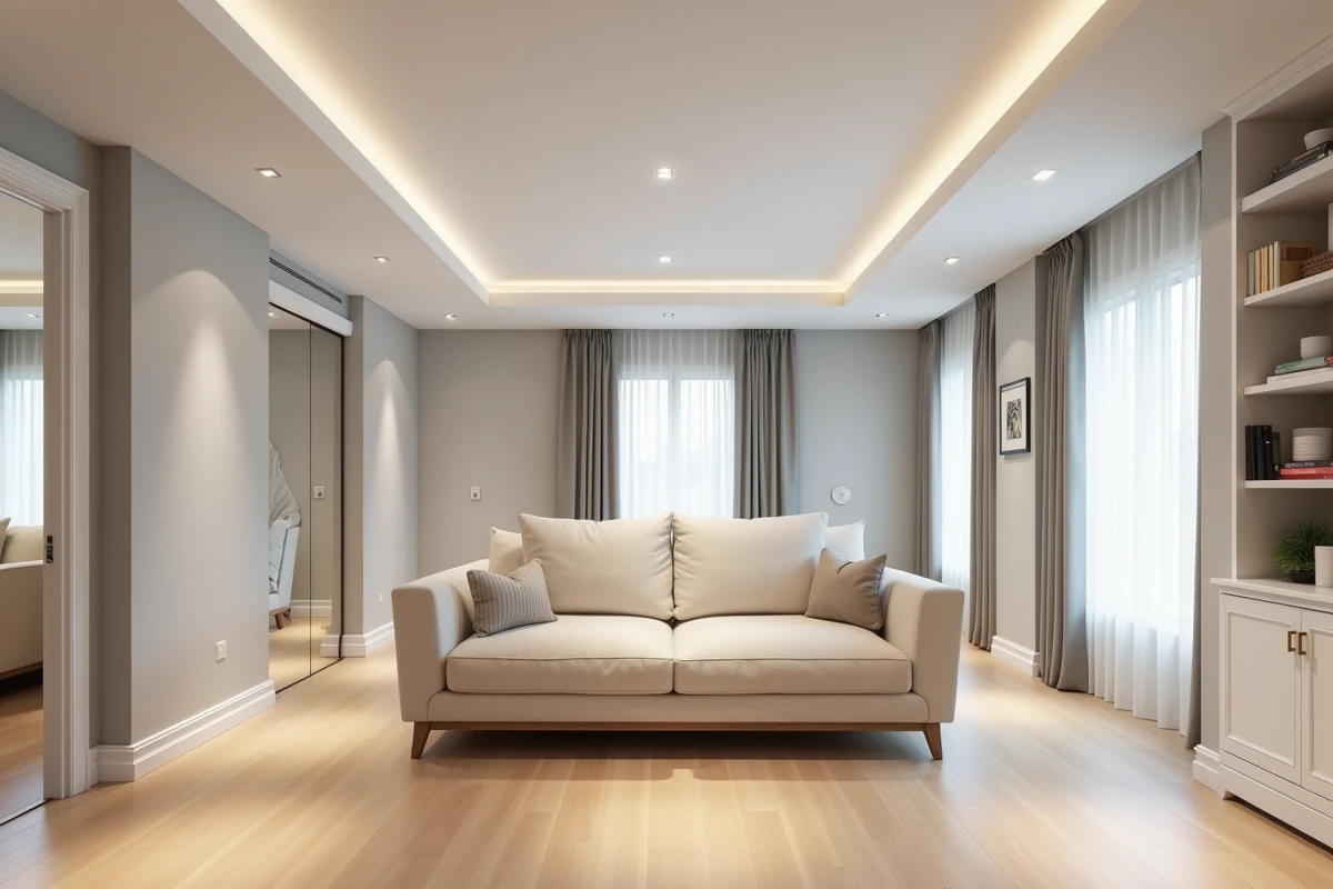 Sous-sol aménagé avec plafond blanc, miroirs muraux et plancher en chêne clair pour maximiser la luminosité
