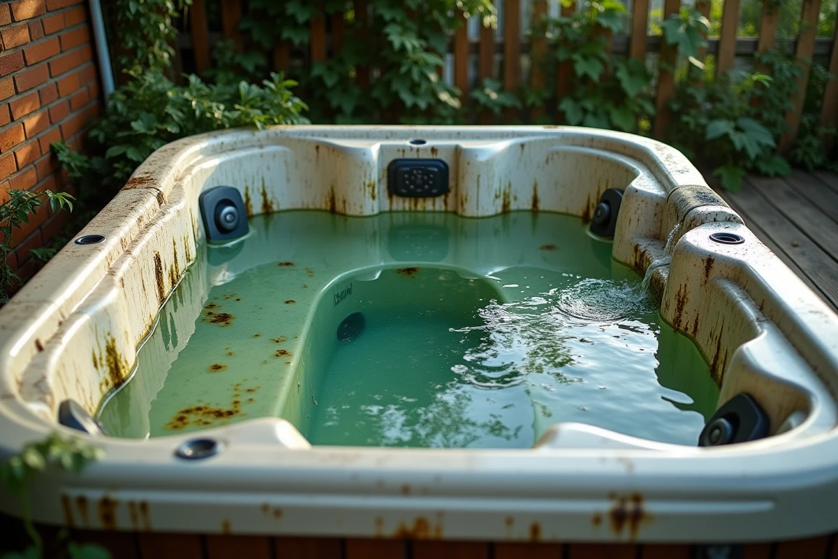 Spa extérieur abandonné avec eau stagnante verdâtre et dépôts d'algues visibles sur les parois intérieures