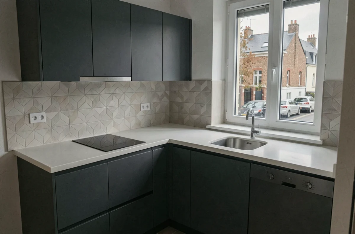 Cuisine SRI en gris anthracite sans poignées dans un appartement urbain du Val-de-Marne avec crédence géométrique