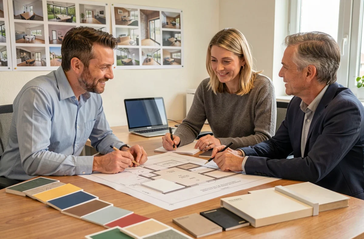 Conseiller STAFF BAT présentant des plans de rénovation cuisine à un couple dans un bureau professionnel