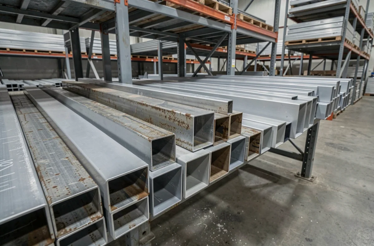 Rangée de tubes rectangulaires en aluminium stockés en entrepôt, illustrant différents stades de protection contre la corrosion