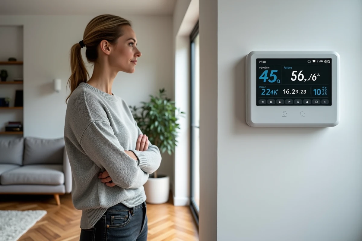 Femme consultant le tableau de bord de production solaire dans le salon d'une maison de 150m2