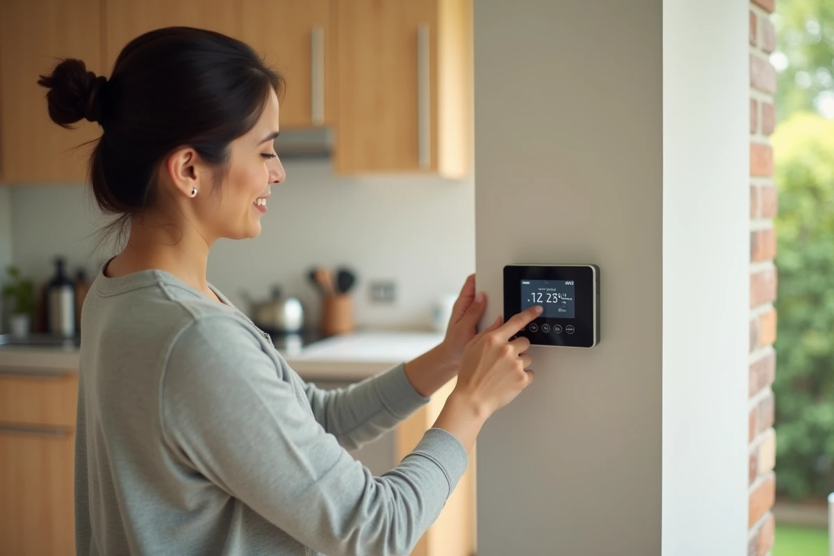 Femme réglant le thermostat d'un système solaire d'eau chaude sanitaire à domicile