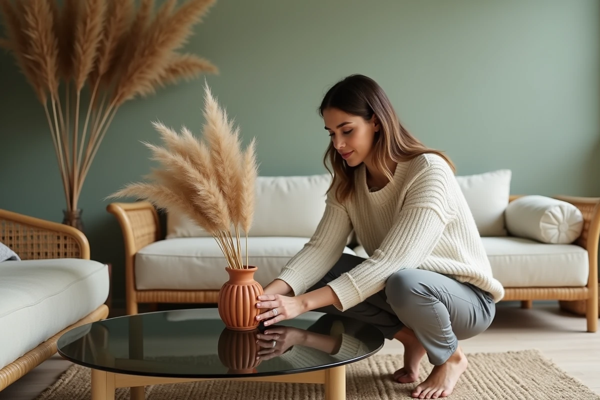 Femme aménageant une table basse ovale en verre fumé dans un salon contemporain aux tons verts et ivoire