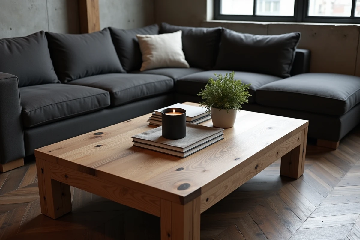 Table basse rectangulaire en chêne massif dans un salon loft industriel avec canapé anthracite et béton apparent