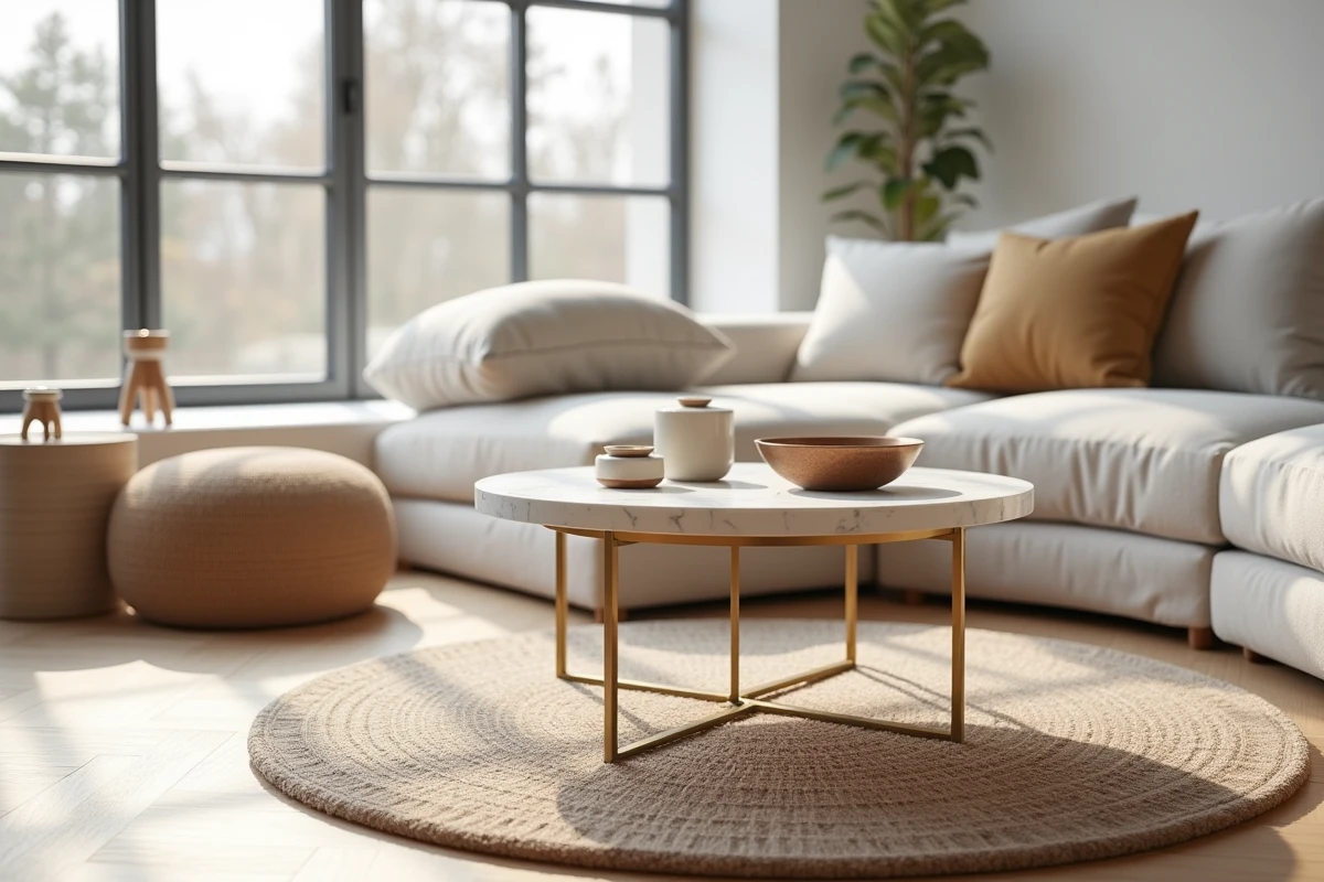 Table basse ronde en marbre avec pieds en laiton dans un salon scandinave moderne aux tons beige et blanc
