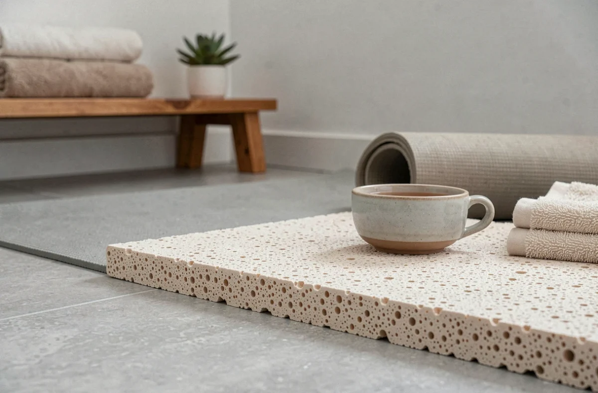 Gros plan sur un tapis en diatomite posé près d'un tapis de yoga avec une tasse de thé et une serviette dans un coin bien-être
